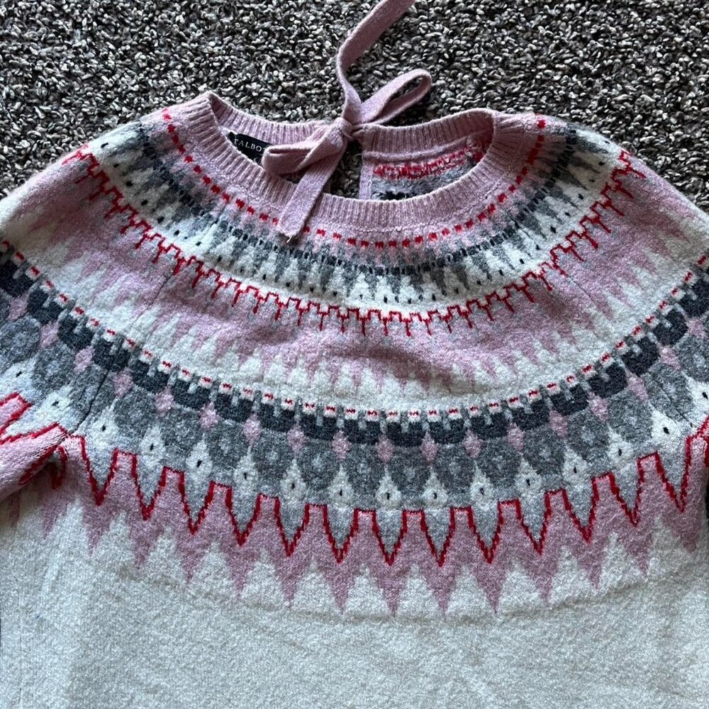 Talbots Bow Neck Sweater Womens M Fair Isle Pink White Whimsical Cottagecore - Picture 2 of 7